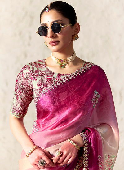 Pink Ombre Embroidered Designer Wedding Saree