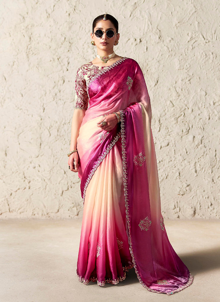 Pink Ombre Embroidered Designer Wedding Saree