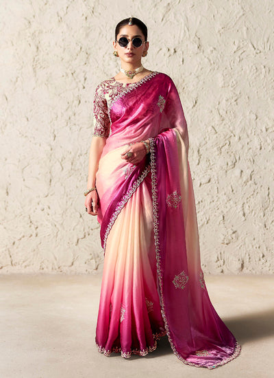 Pink Ombre Embroidered Designer Wedding Saree