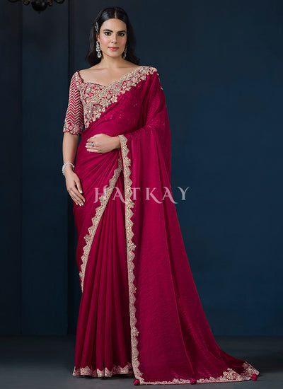 Magenta Pink Embroidery Silk Saree