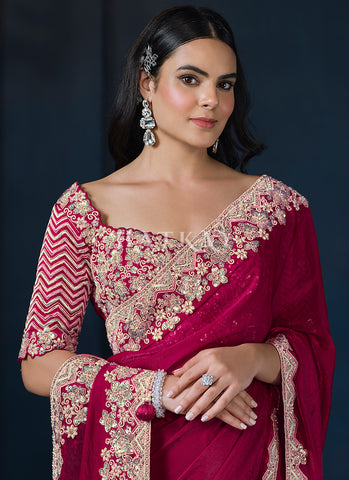 Magenta Pink Embroidery Silk Saree