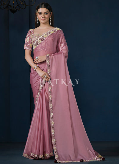 Pink Embroidery Silk Saree