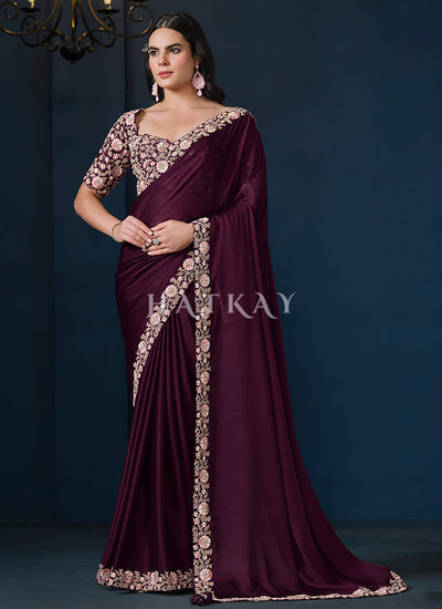 Wine Embroidery Silk Saree