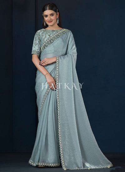 Sky Blue Embroidery Silk Saree