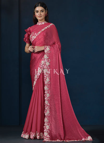 Cherry Red Embroidery Silk Saree