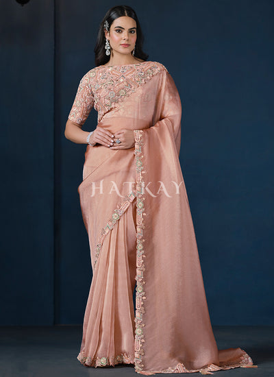 Soft Peach Embroidery Silk Saree