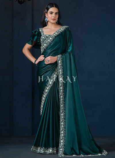 Teal Green Embroidery Silk Saree