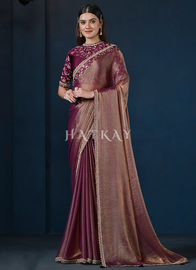 Deep Wine Embroidery Silk Saree