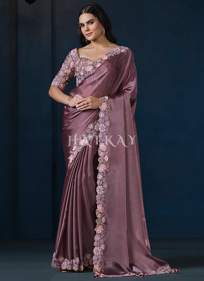 Mauve Purple Embroidery Silk Saree