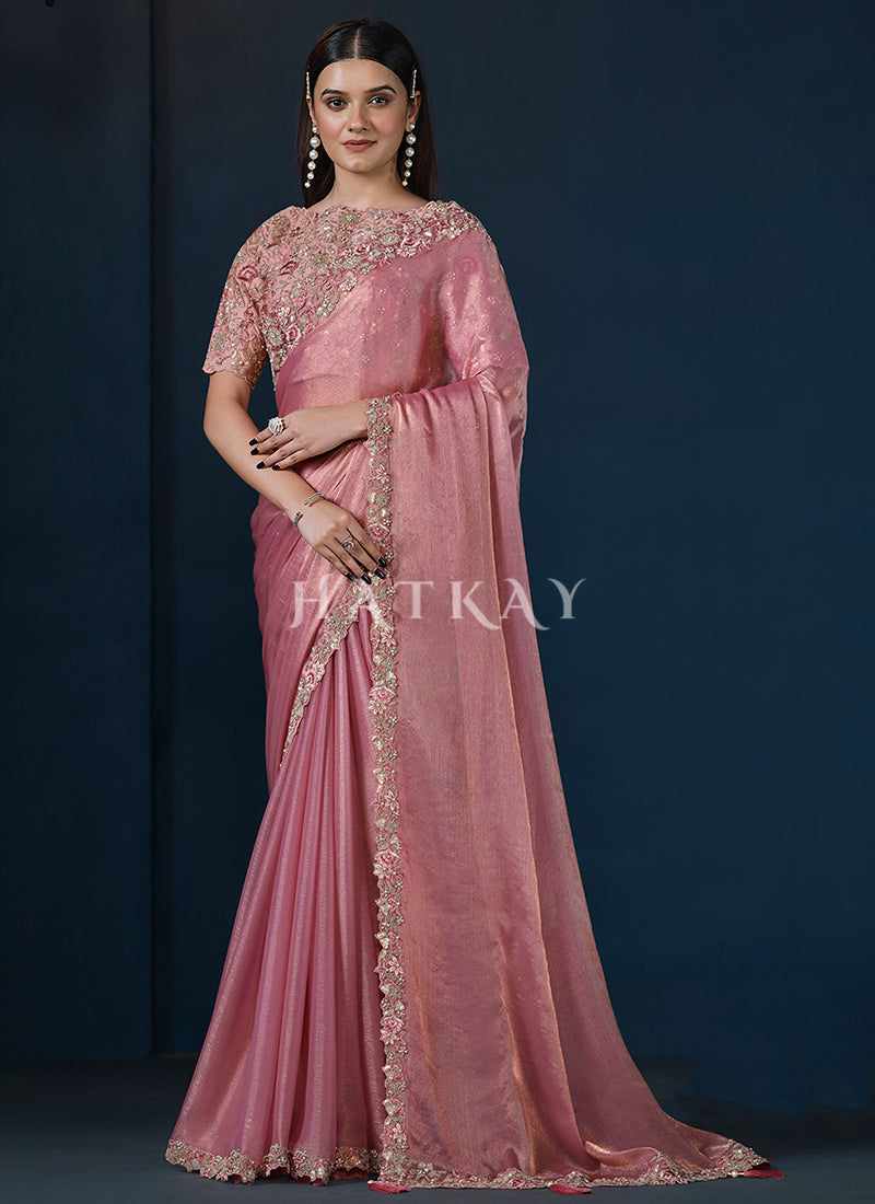 Rose Pink Embroidery Silk Saree