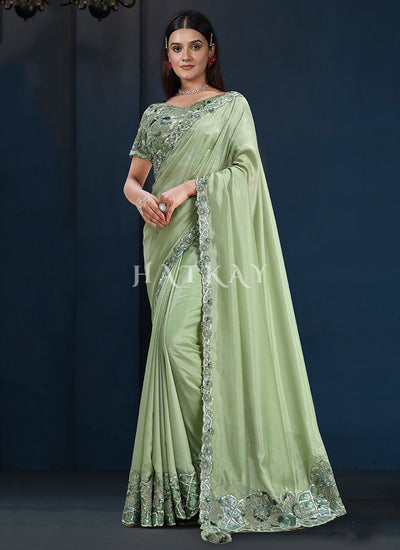 Mint Green Embroidery Silk Saree