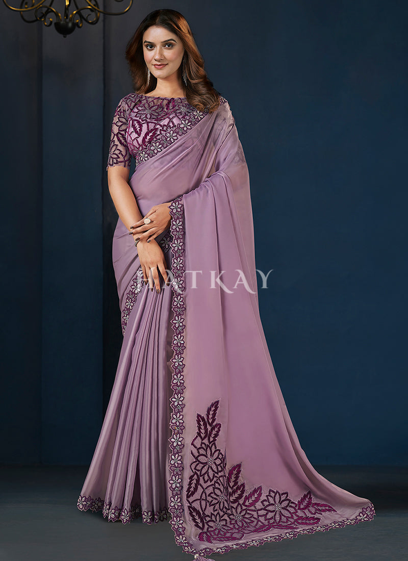 Purple Embroidery Silk Saree