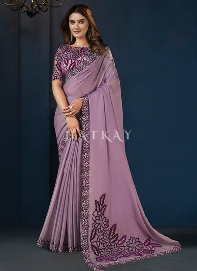 Purple Embroidery Silk Saree