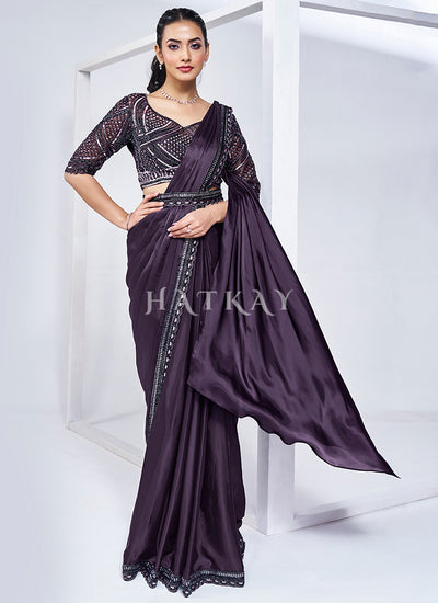 Dark Purple Embroidery Wedding Saree