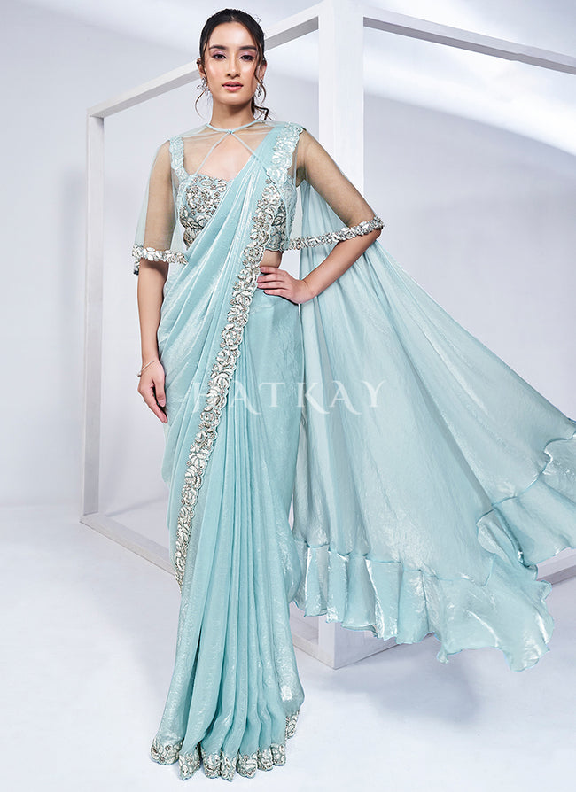 Sky Blue Embroidery Wedding Saree