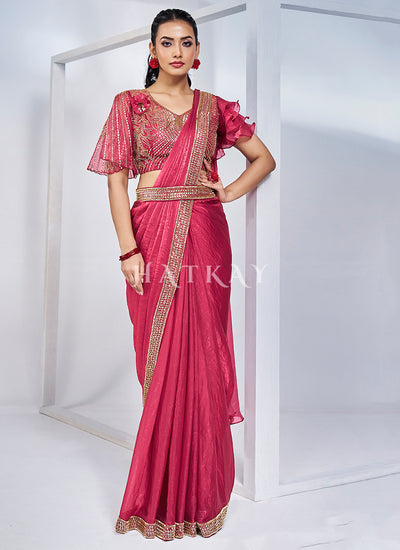 Rani Pink Embroidery Wedding Saree