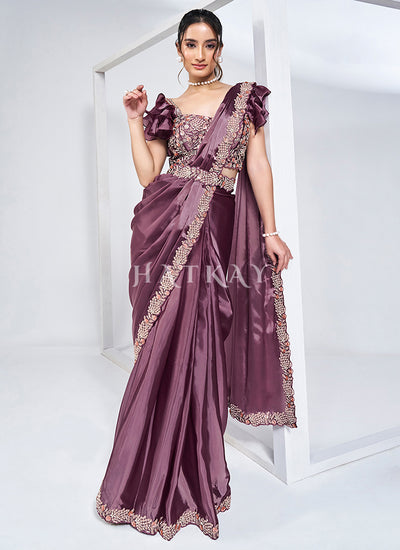 Mauve Purple Embroidery Wedding Saree