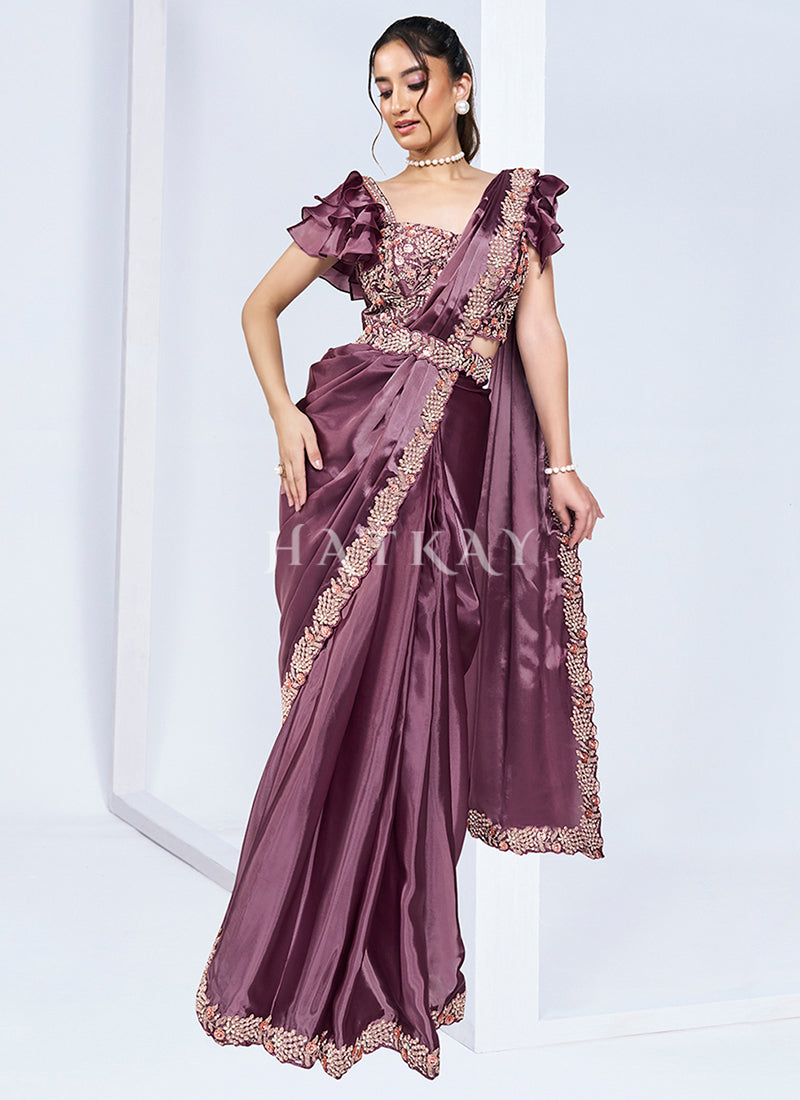 Mauve Purple Embroidery Wedding Saree