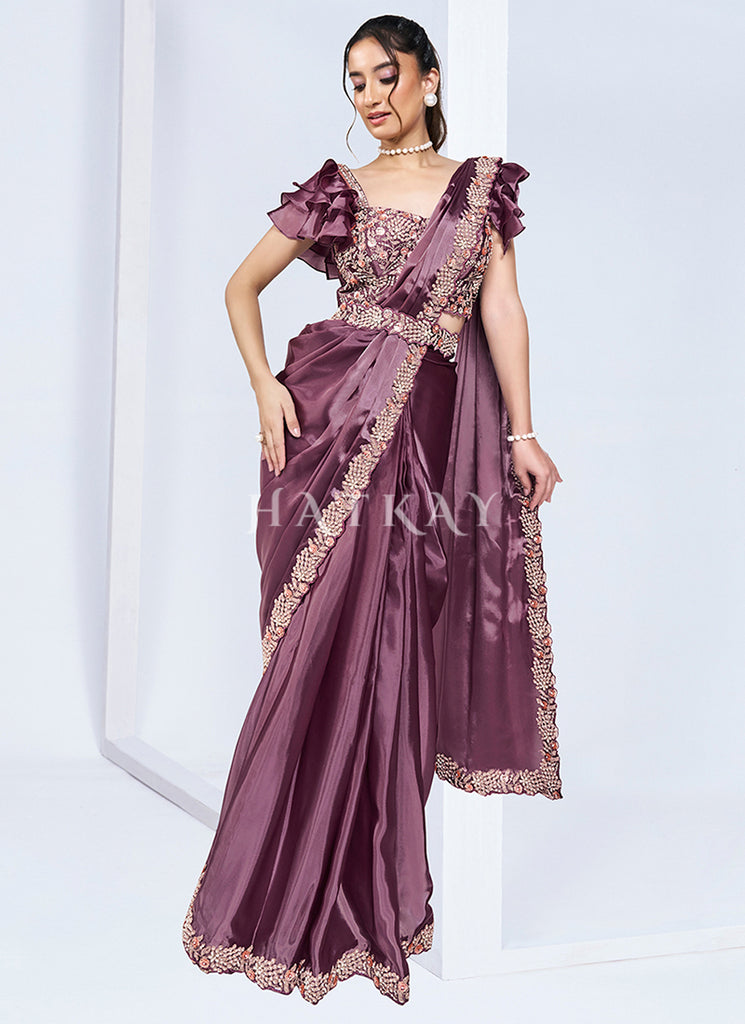 Mauve Purple Embroidery Wedding Saree