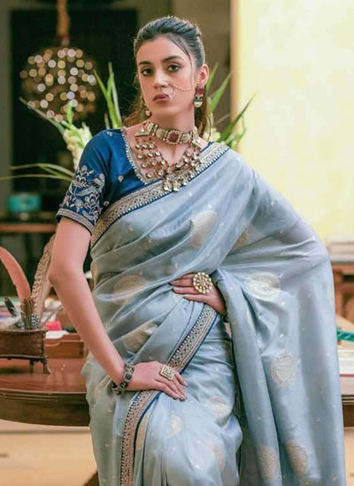 Sky Blue Embroidered Traditional Silk Saree