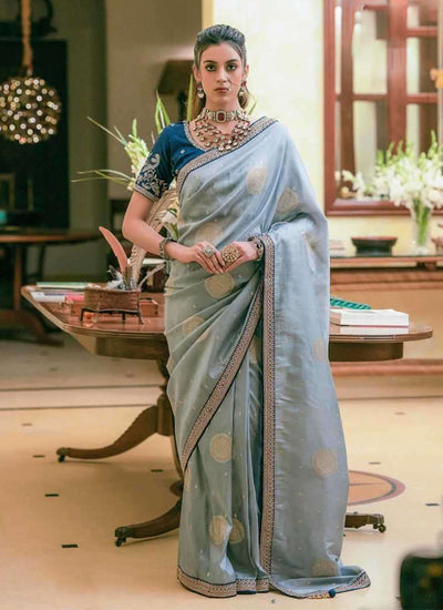Sky Blue Embroidered Traditional Silk Saree