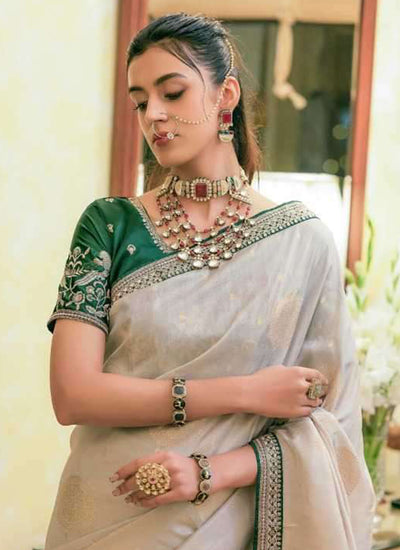 Cream Embroidered Traditional Silk Saree