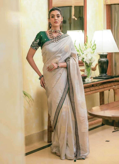 Cream Embroidered Traditional Silk Saree