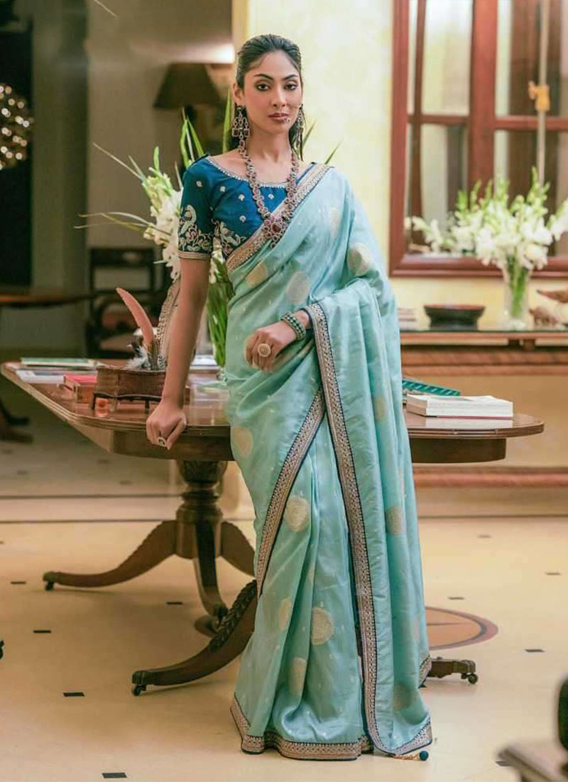 Aqua Blue Embroidered Traditional Silk Saree