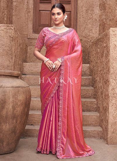 Salmon Pink Handwork Embroidery Satin Silk Saree