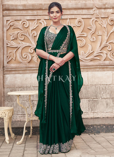 Dark Green Embroidery Wedding Saree