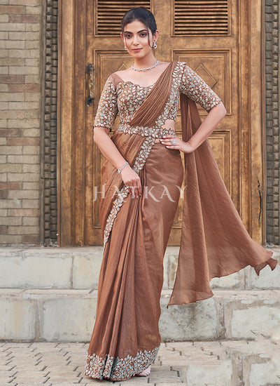 Light Brown Embroidery Wedding Saree