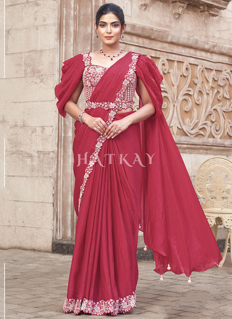 Magenta Pink Embroidery Wedding Saree