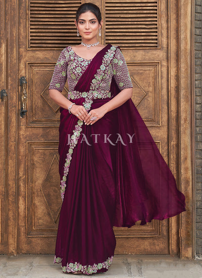 Deep Wine Embroidery Wedding Saree