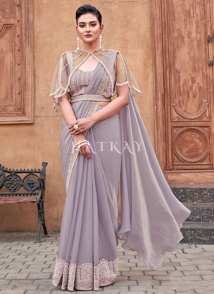 Lilac Purple Embroidery Wedding Saree