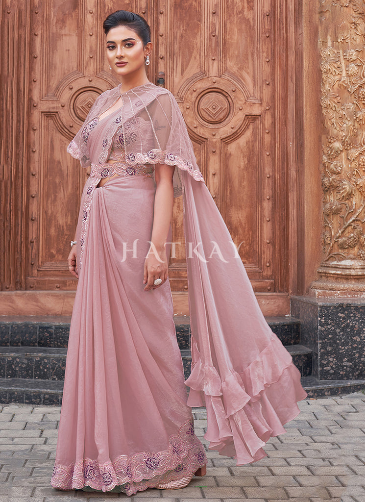 Light Pink Multi Embroidery Wedding Saree