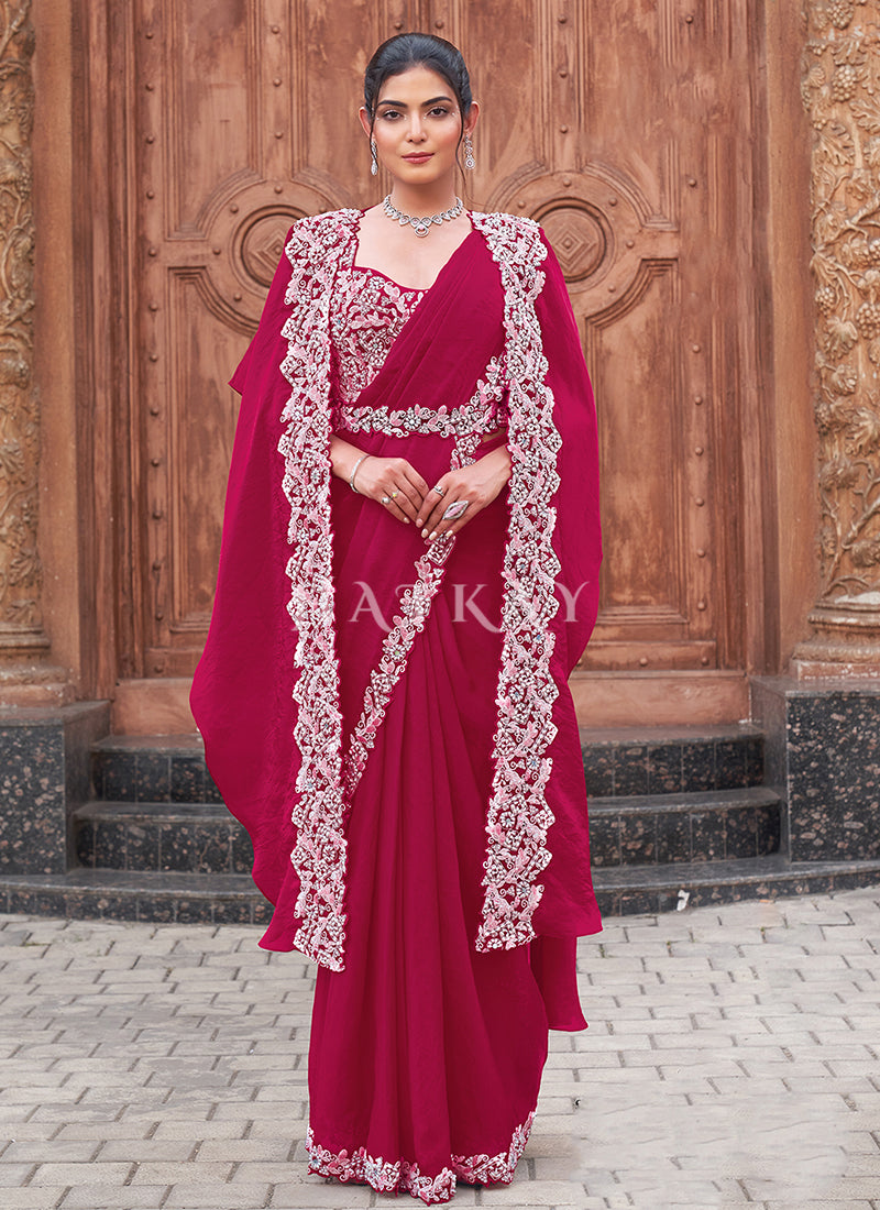 Hot Pink Multi Embroidery Wedding Saree