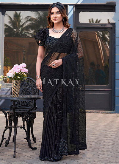 Blue Black Embroidered Festive Saree