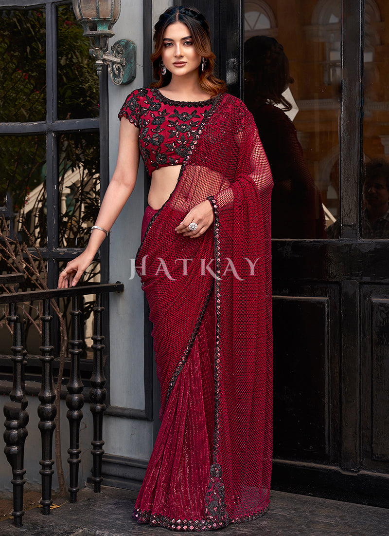 Red Embroidered Festive Saree