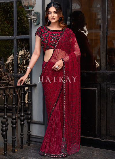 Red Embroidered Festive Saree