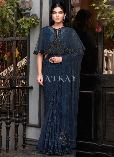 Navy Blue Embroidered Festive Saree