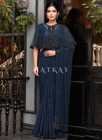 Navy Blue Embroidered Festive Saree