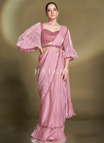 Pink Embroidered Party Wear Saree