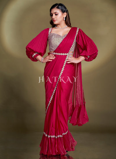 Magenta Embroidered Party Wear Saree
