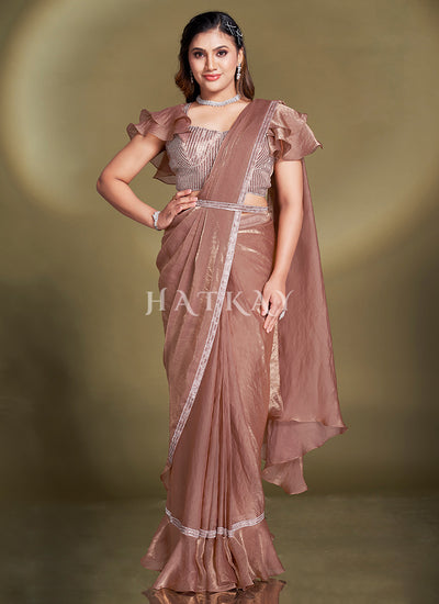 Peach Embroidered Party Wear Saree