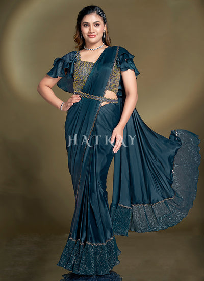 Turquoise Embroidered Party Wear Saree