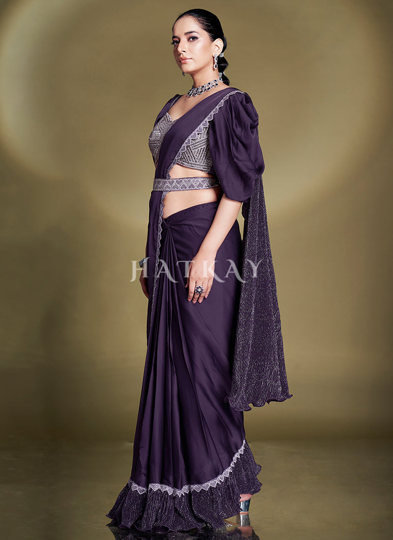 Deep Purple Embroidered Party Wear Saree