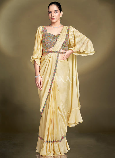 Yellow Embroidered Party Wear Saree