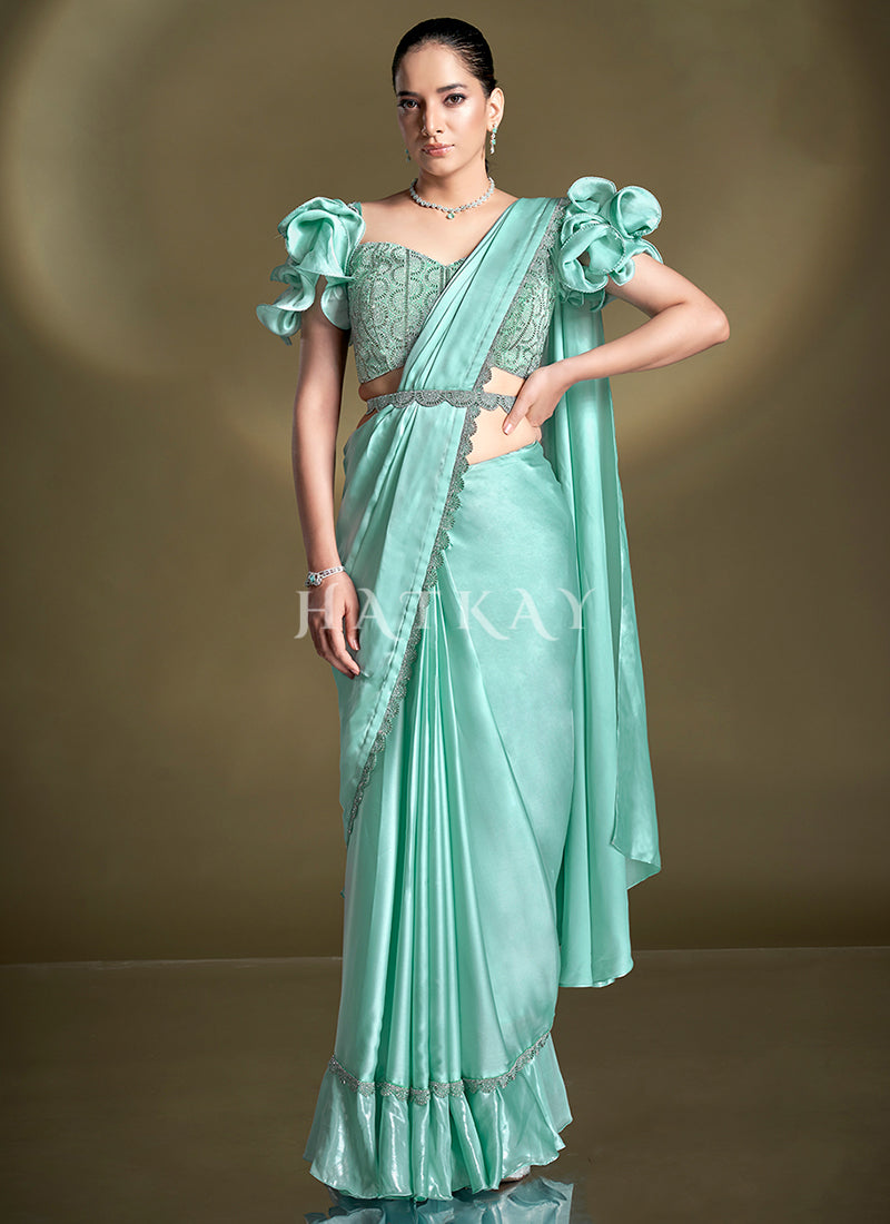 Sea Green Embroidered Party Wear Saree