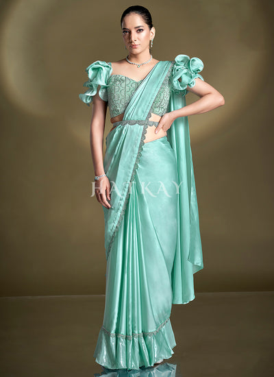 Sea Green Embroidered Party Wear Saree