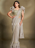 Ivory Beige Embroidered Party Wear Saree